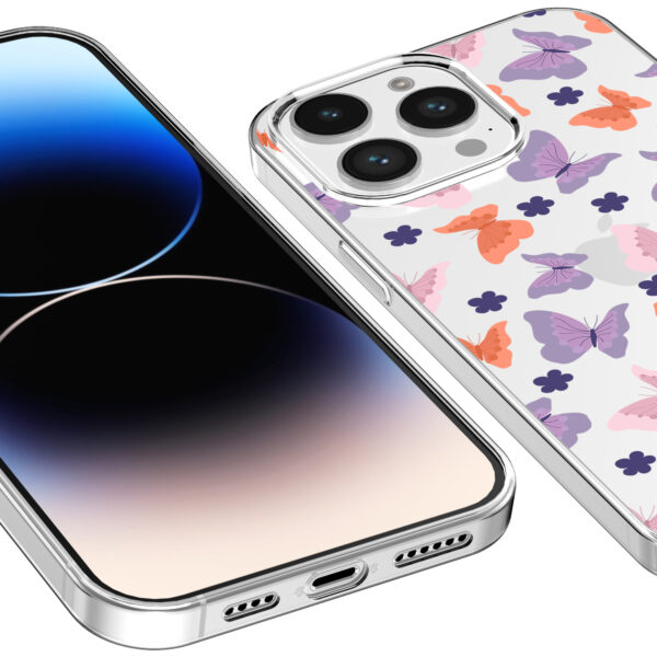iPhone 14 Pro transparant telefoonhoesje met paars roze oranje vlinder opdruk (3)