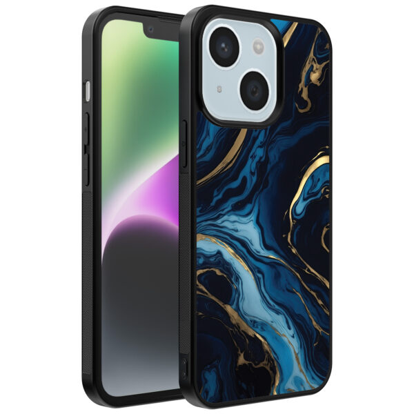 iPhone 14 telefoonhoesje met blauw goud marmer opdruk (1)