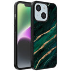 iPhone 14 telefoonhoesje met groen goud marmer opdruk (1)