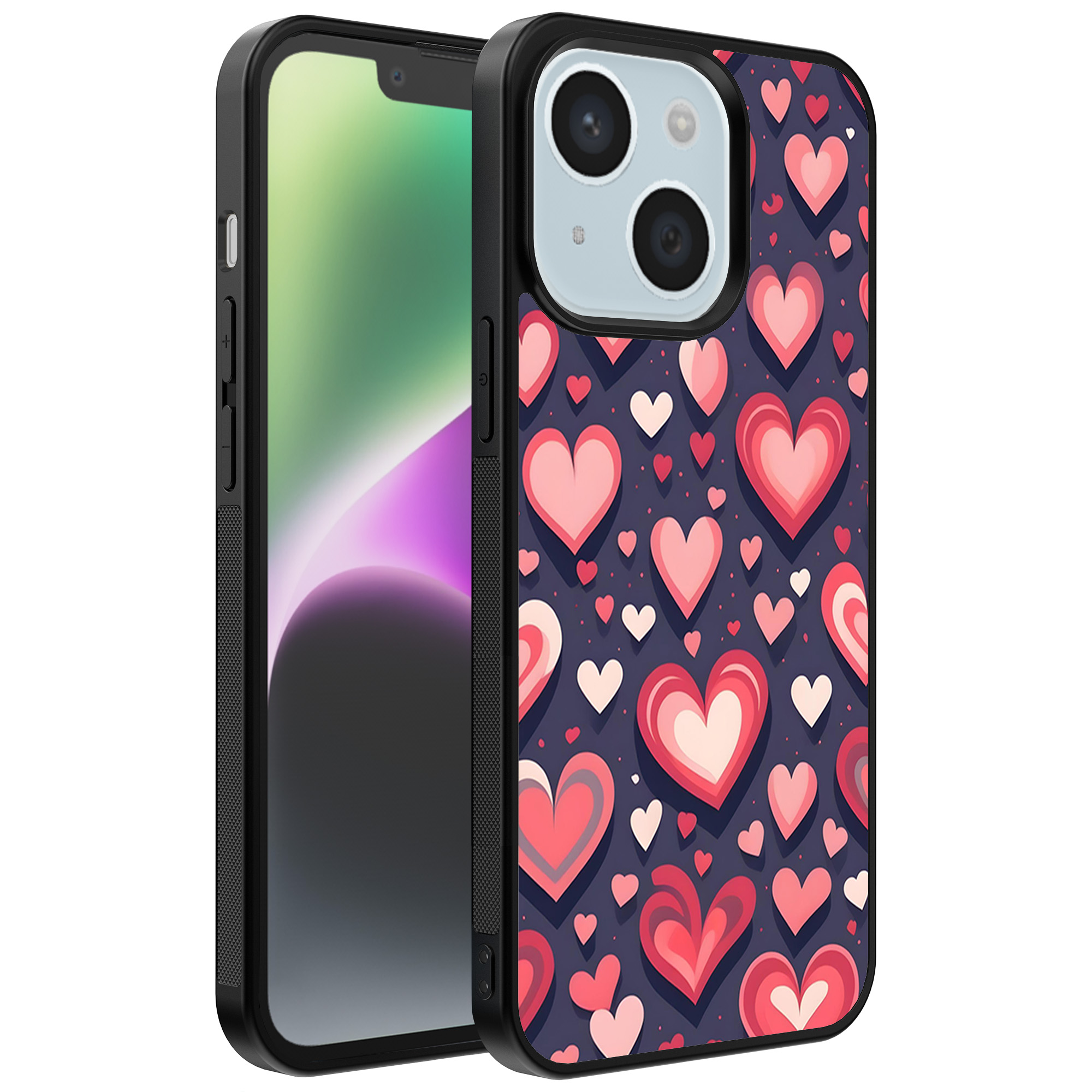 iPhone 14 telefoonhoesje met hartjes opdruk groot (1)