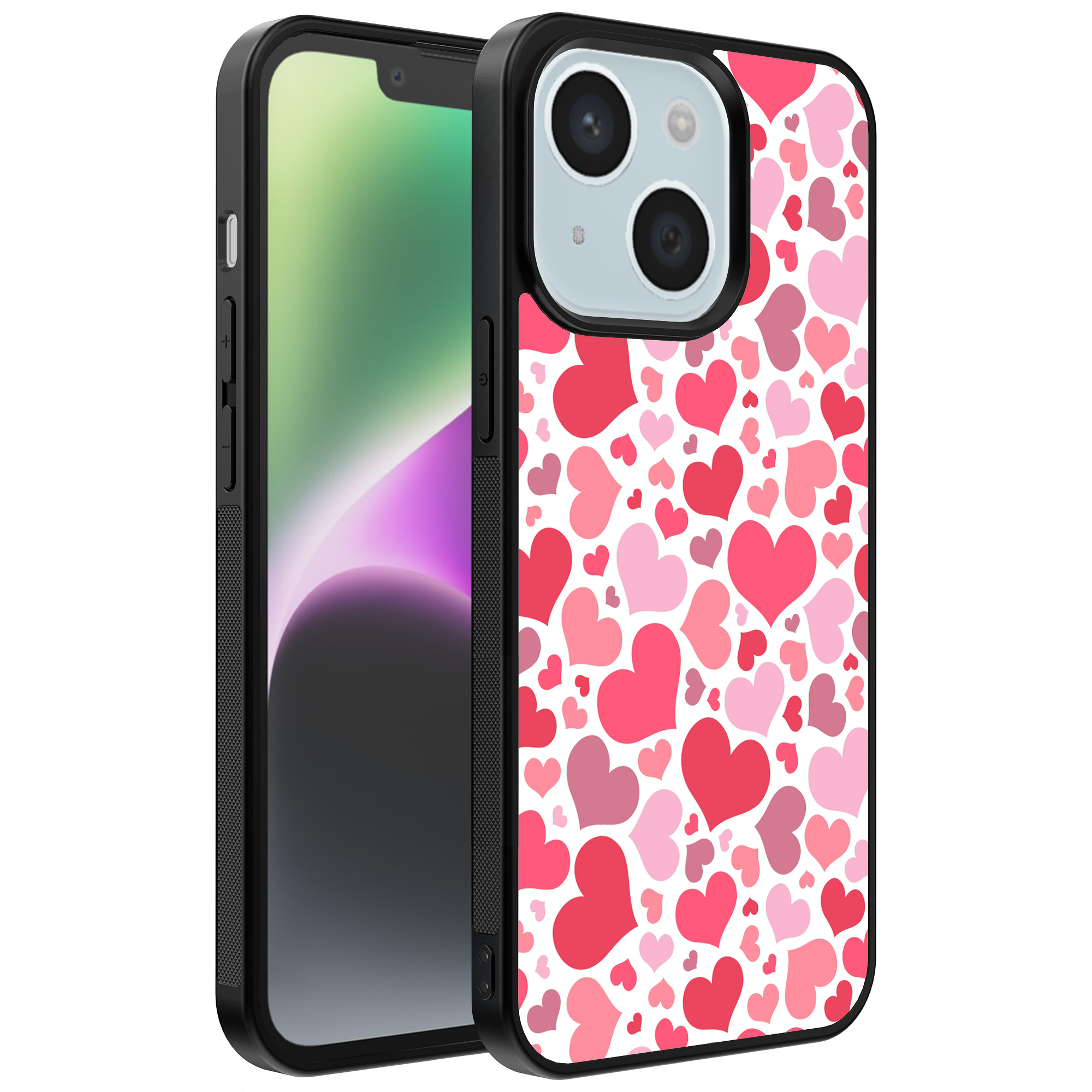 iPhone 14 telefoonhoesje met hartjes opdruk transparant (1)