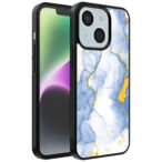 iPhone 14 telefoonhoesje met lichtblauw goud marmer opdruk (1)