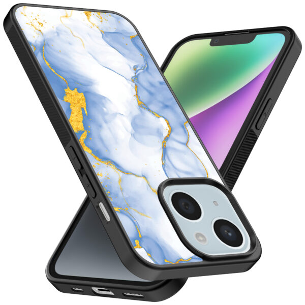 iPhone 14 telefoonhoesje met lichtblauw goud marmer opdruk (2)