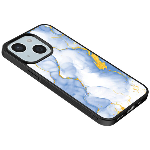 iPhone 14 telefoonhoesje met lichtblauw goud marmer opdruk (5)