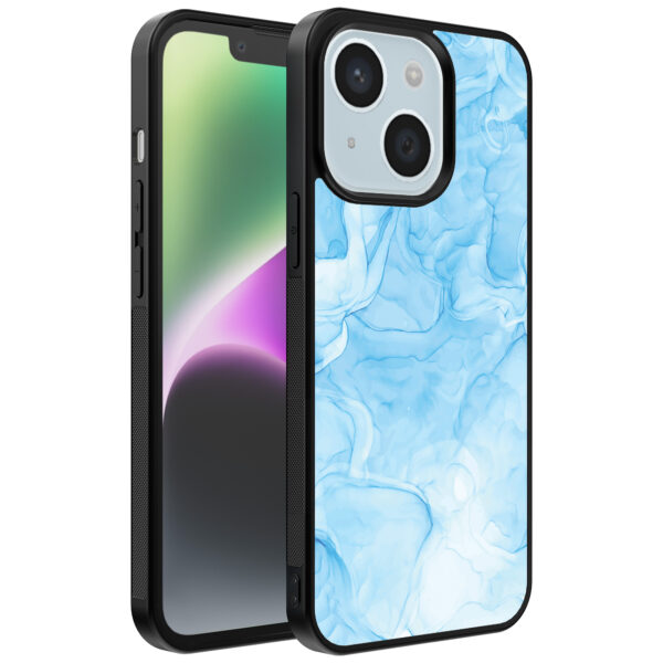 iPhone 14 telefoonhoesje met lichtblauw marmer opdruk (1)