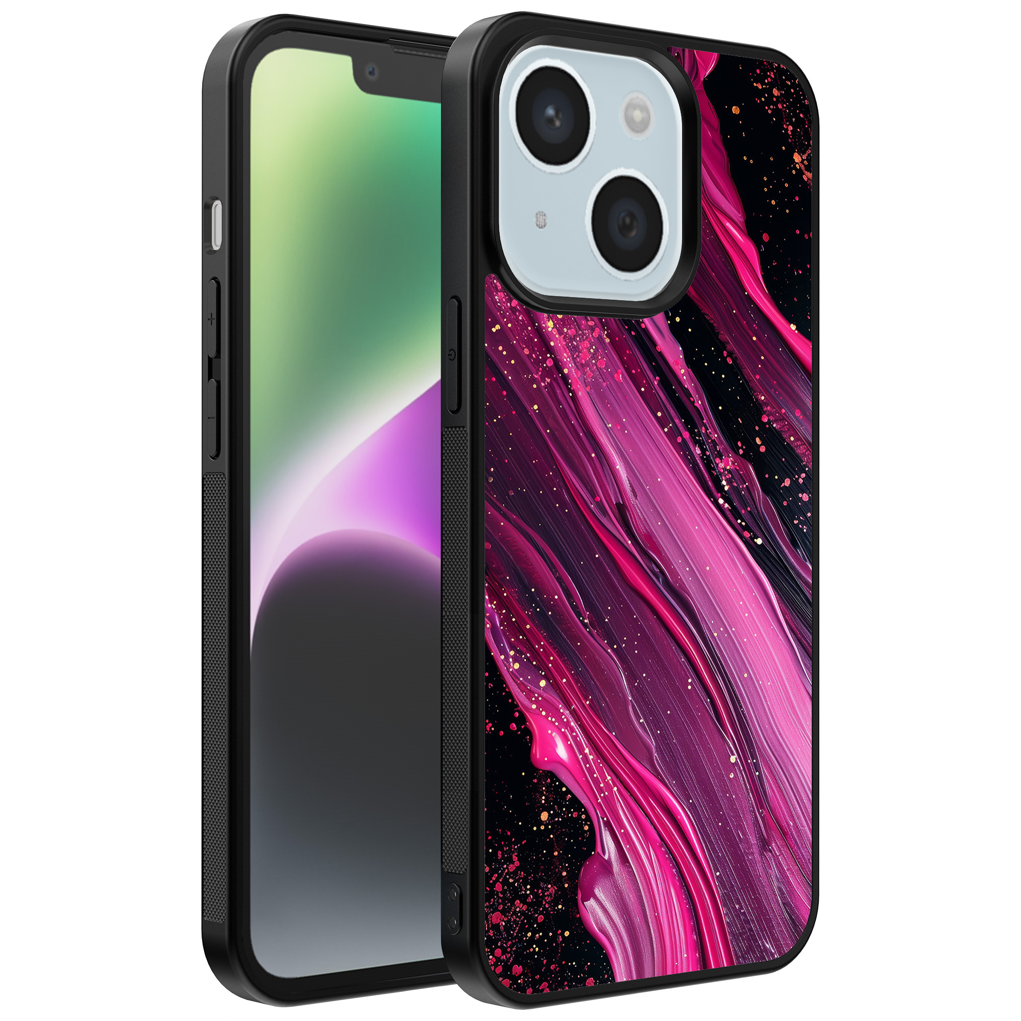 iPhone 14 telefoonhoesje met paars roze marmer opdruk (1)