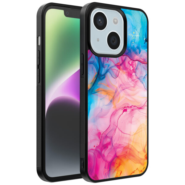 iPhone 14 telefoonhoesje met regenboog acryl marmer opdruk (1)