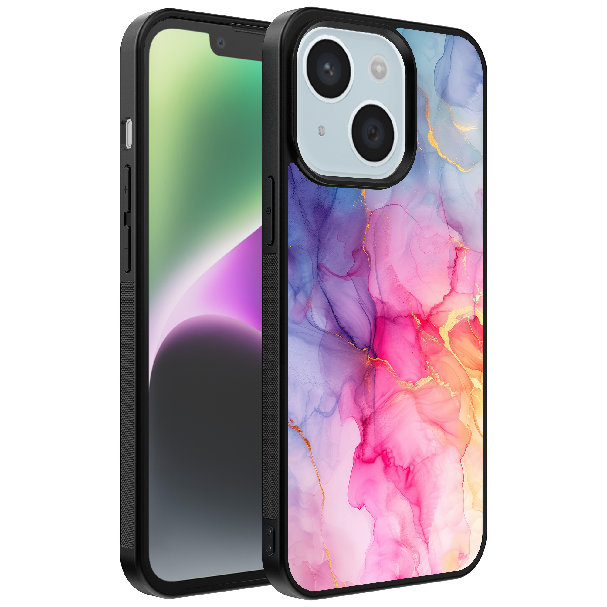 iPhone 14 telefoonhoesje met regenboog marmer opdruk (1)