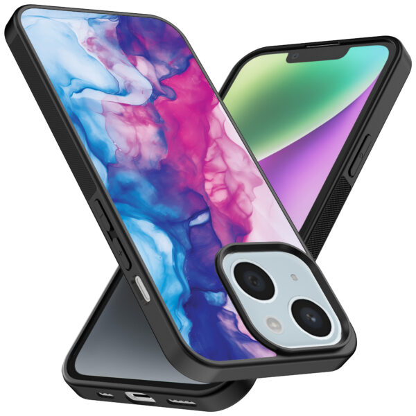 iPhone 14 telefoonhoesje met roze blauw marmer opdruk (2)