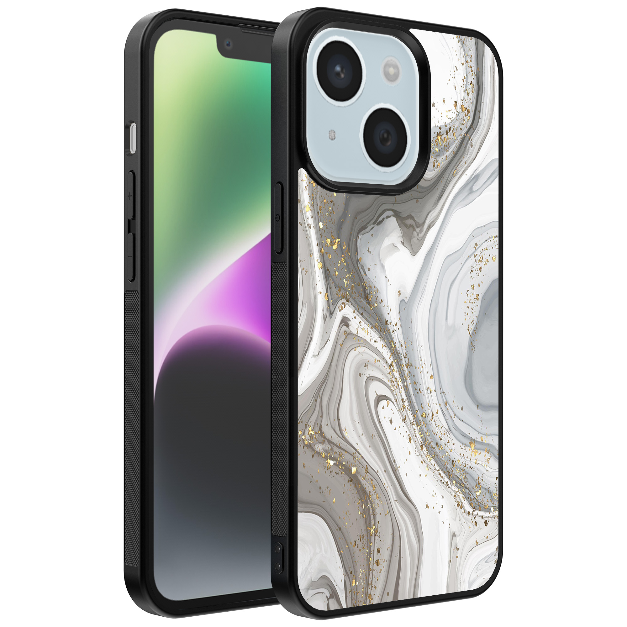 iPhone 14 telefoonhoesje met zilver marmer opdruk (1)