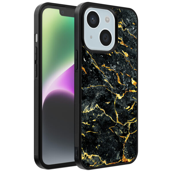 iPhone 14 telefoonhoesje met zwart goud marmer opdruk (1)