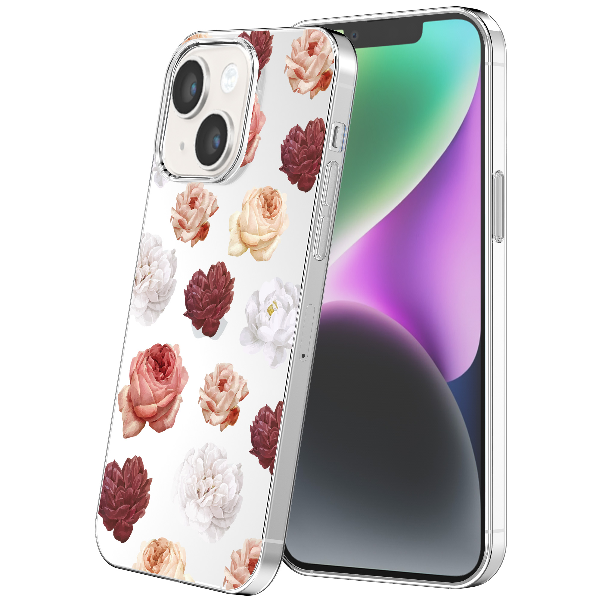 iPhone 14 transparant telefoonhoesje met bloemen en rozen opdruk (1)