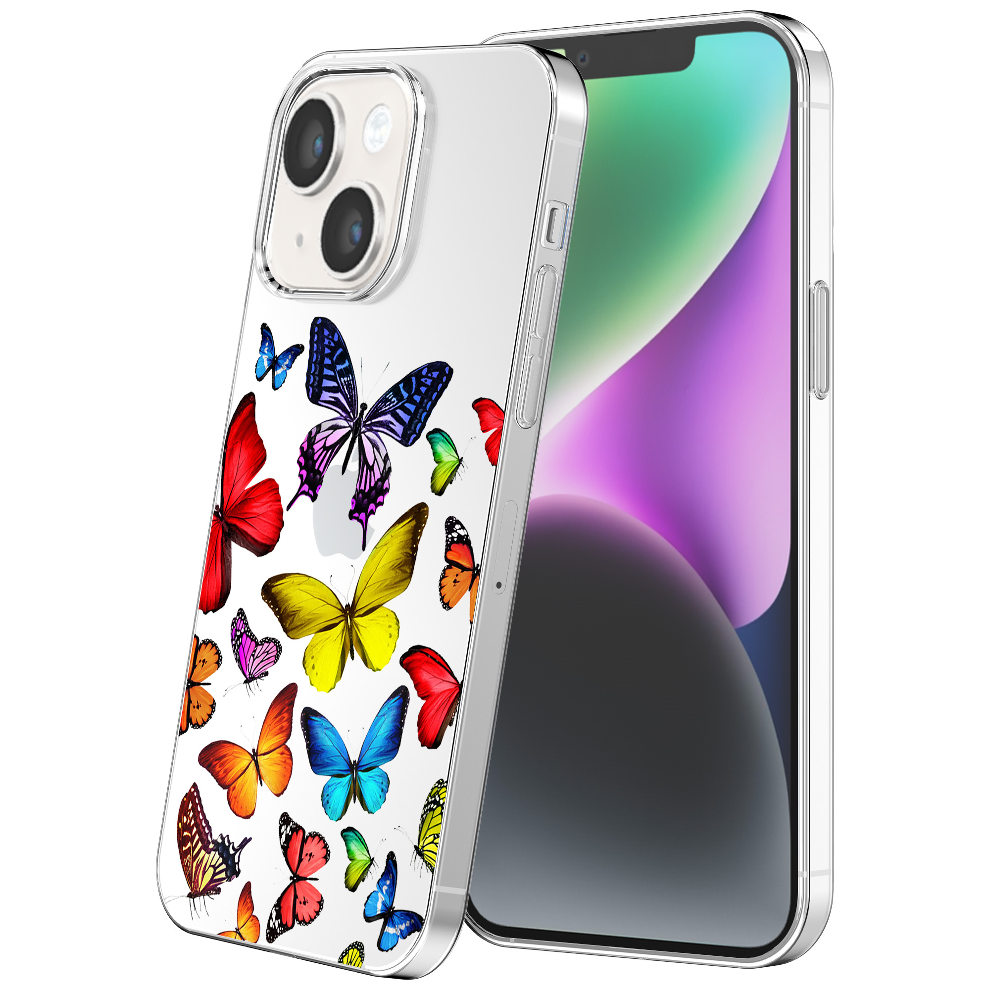 iPhone 14 transparant telefoonhoesje met gekleurde vlinder opdruk (1)