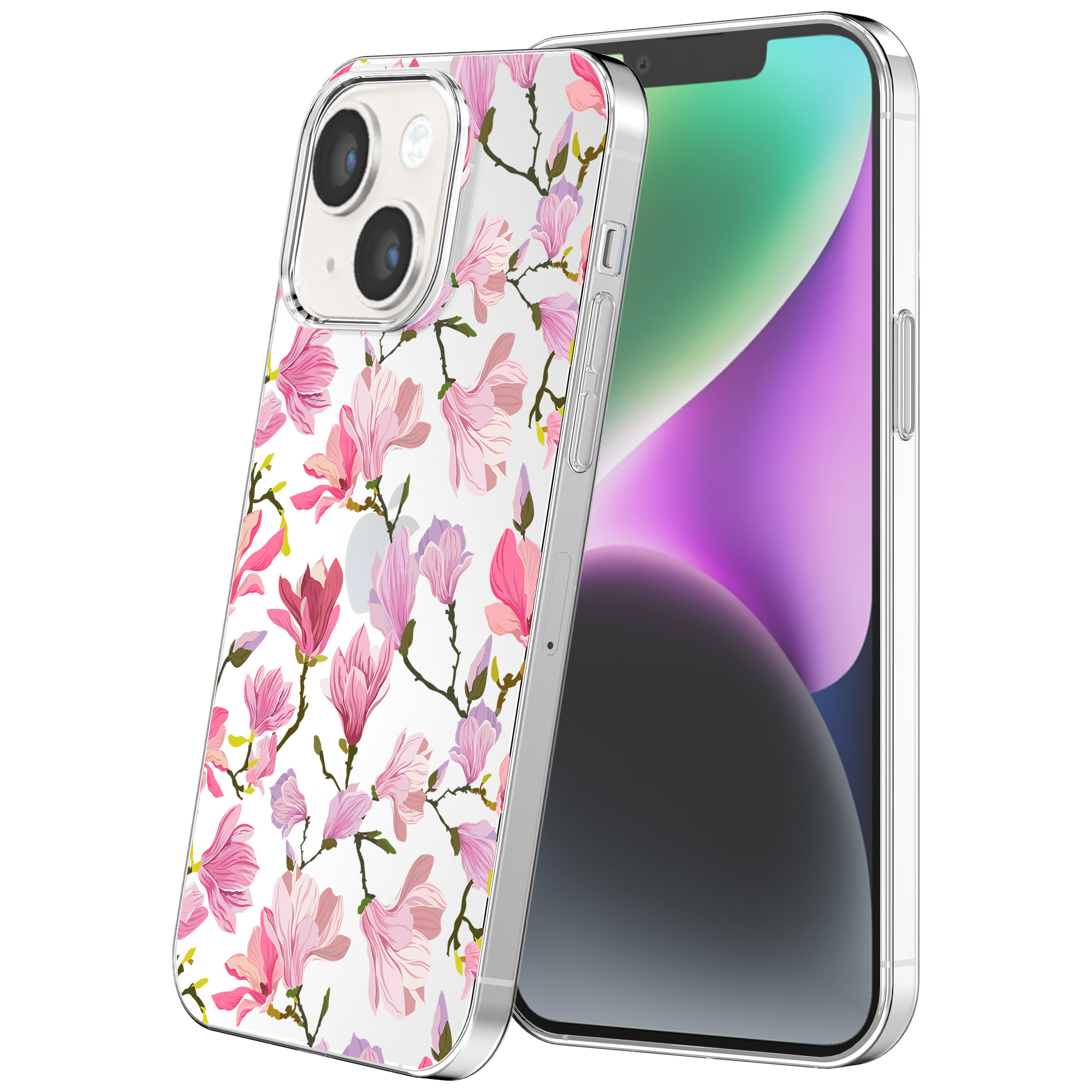 iPhone 14 transparant telefoonhoesje met orchidee bloemen opdruk (1)