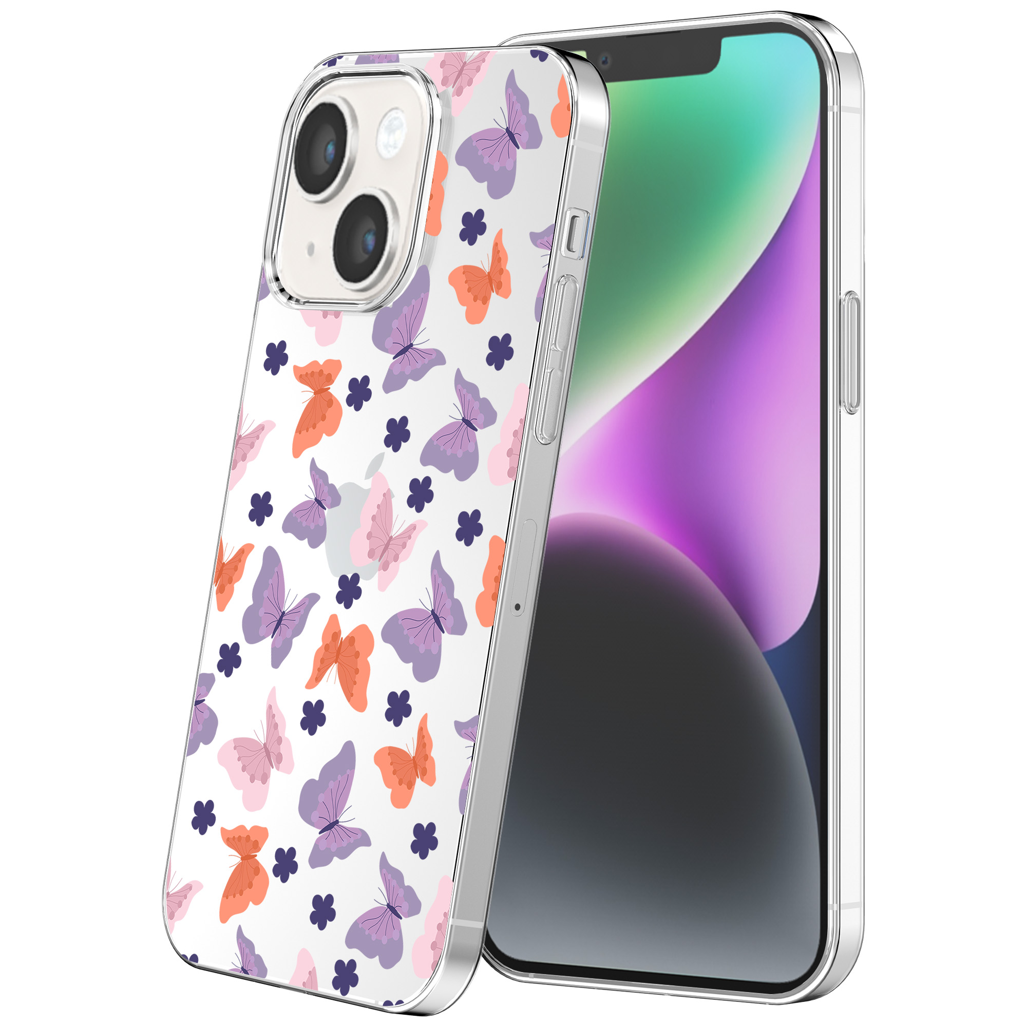 iPhone 14 transparant telefoonhoesje met paars roze oranje vlinder opdruk (1)