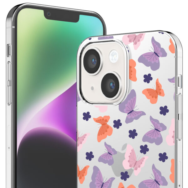 iPhone 14 transparant telefoonhoesje met paars roze oranje vlinder opdruk (2)