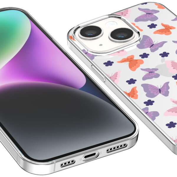 iPhone 14 transparant telefoonhoesje met paars roze oranje vlinder opdruk (3)