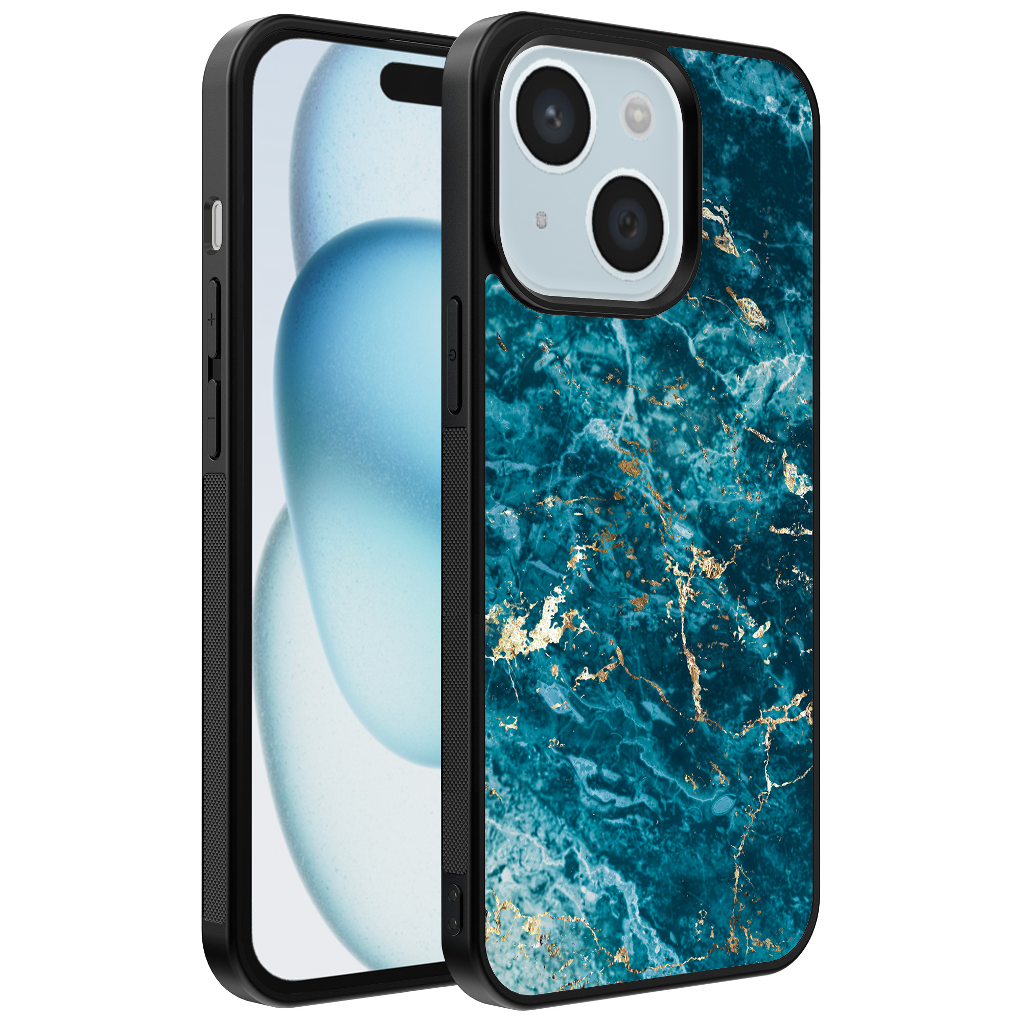 iPhone 15 Plus telefoonhoesje met blauw marmer opdruk (1)