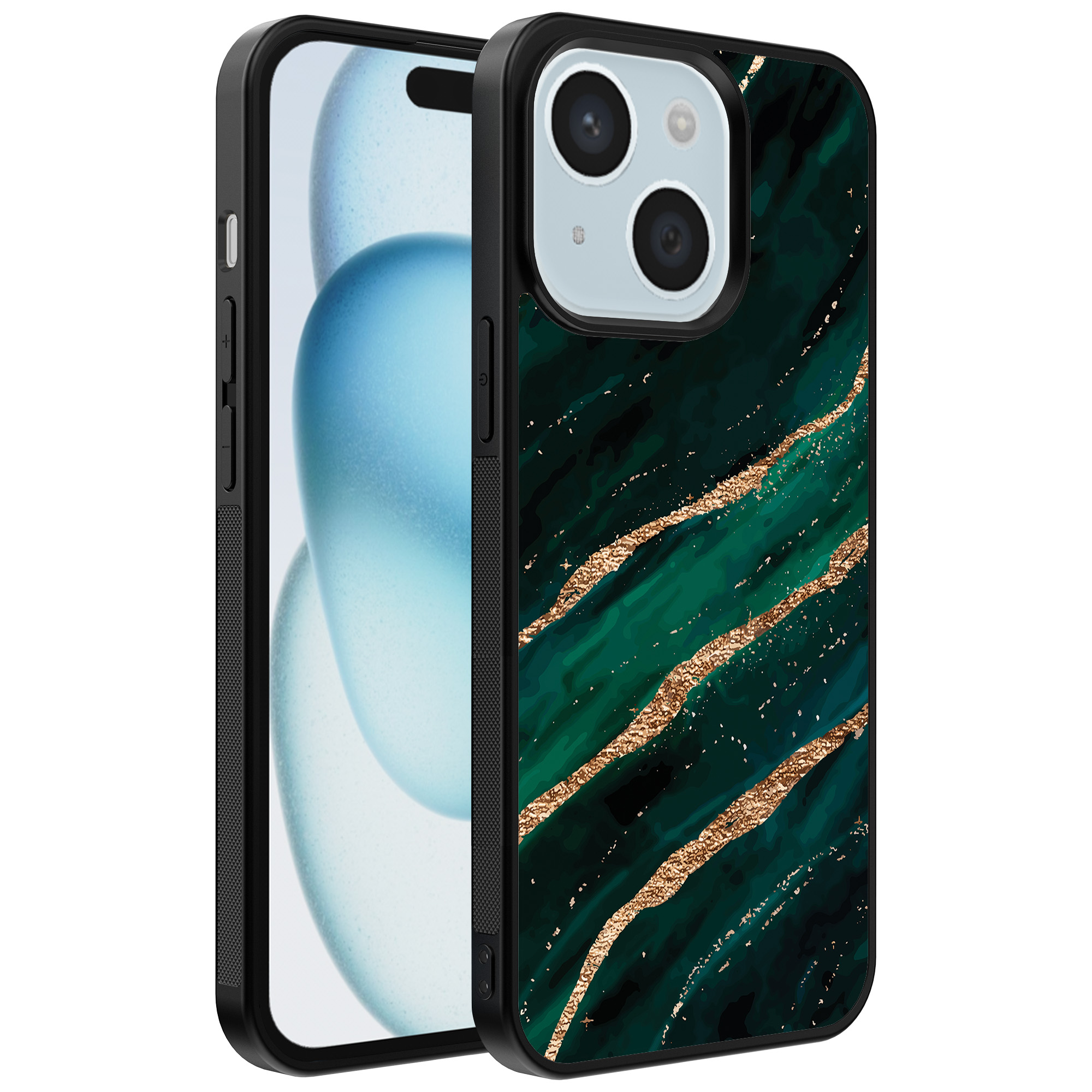 iPhone 15 Plus telefoonhoesje met groen goud marmer opdruk (1)