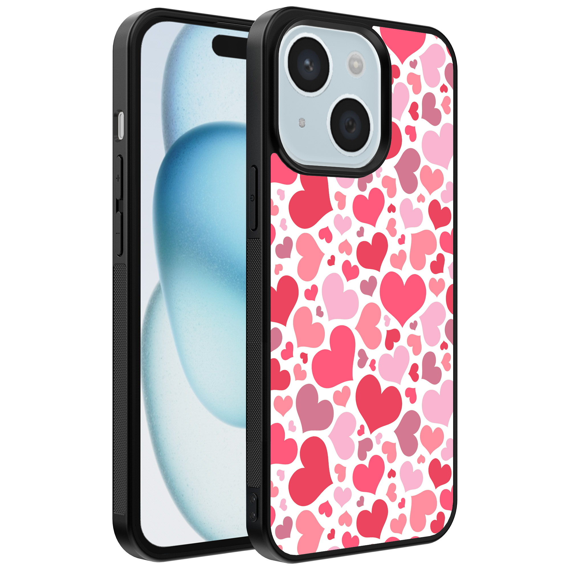 iPhone 15 Plus telefoonhoesje met hartjes opdruk transparant (1)