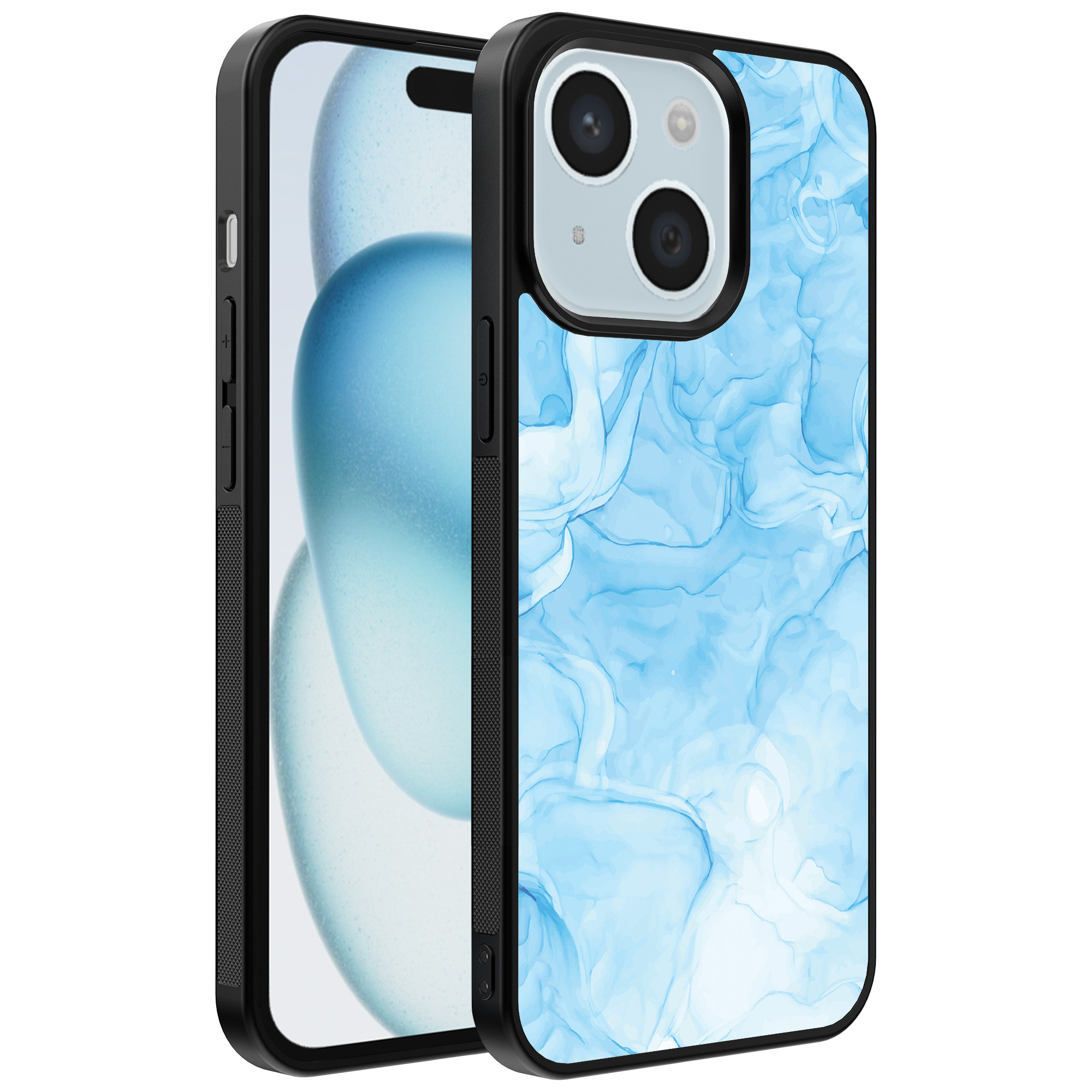 iPhone 15 Plus telefoonhoesje met lichtblauw marmer opdruk (1)