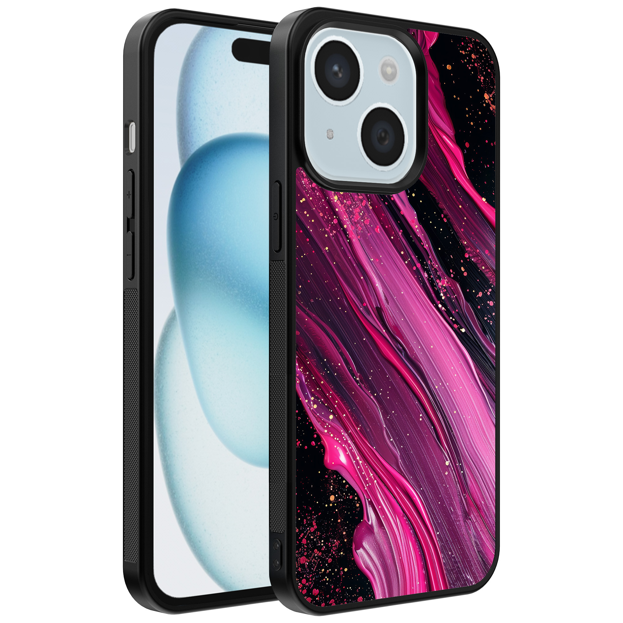 iPhone 15 Plus telefoonhoesje met paars roze marmer opdruk (1)