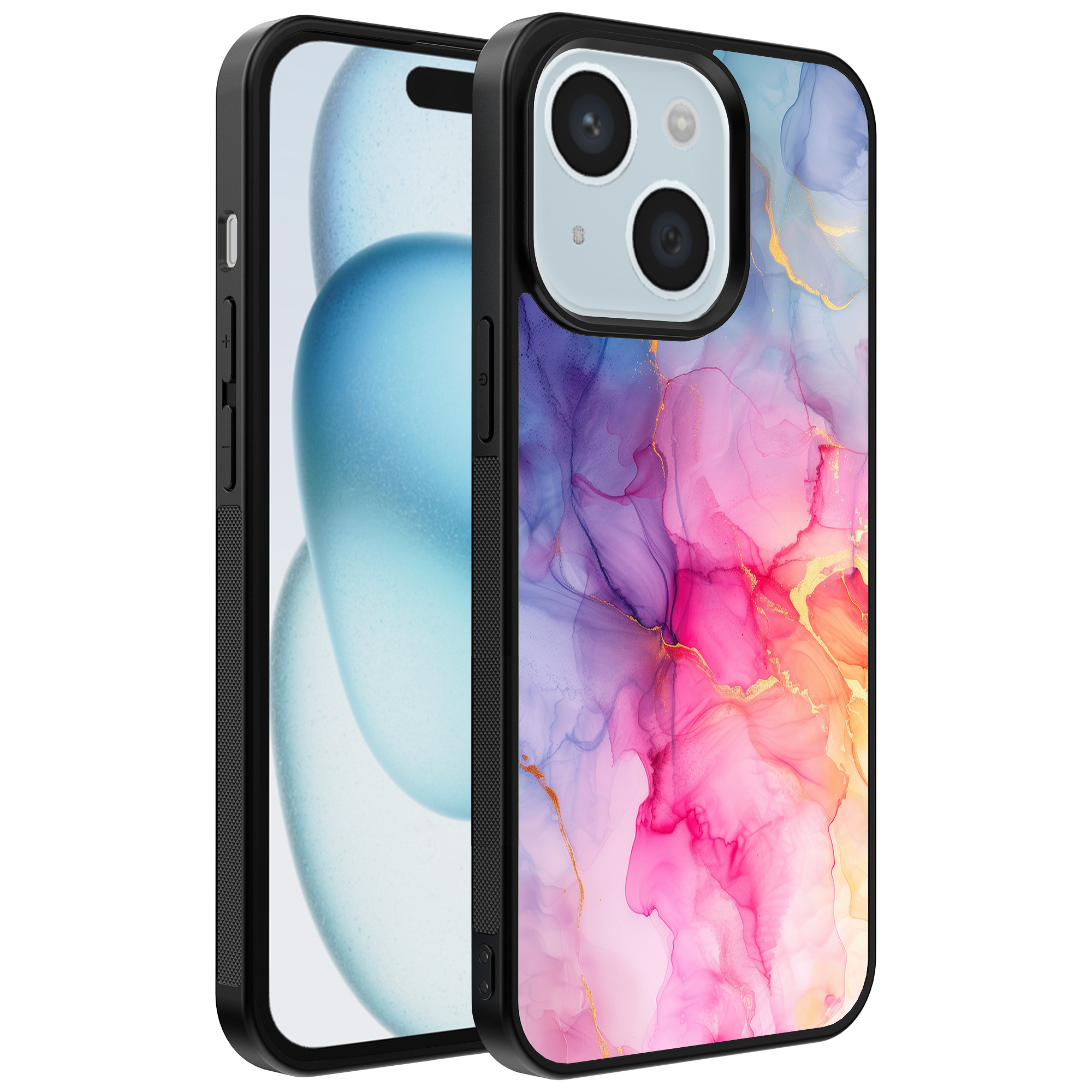 iPhone 15 Plus telefoonhoesje met regenboog marmer opdruk (1)