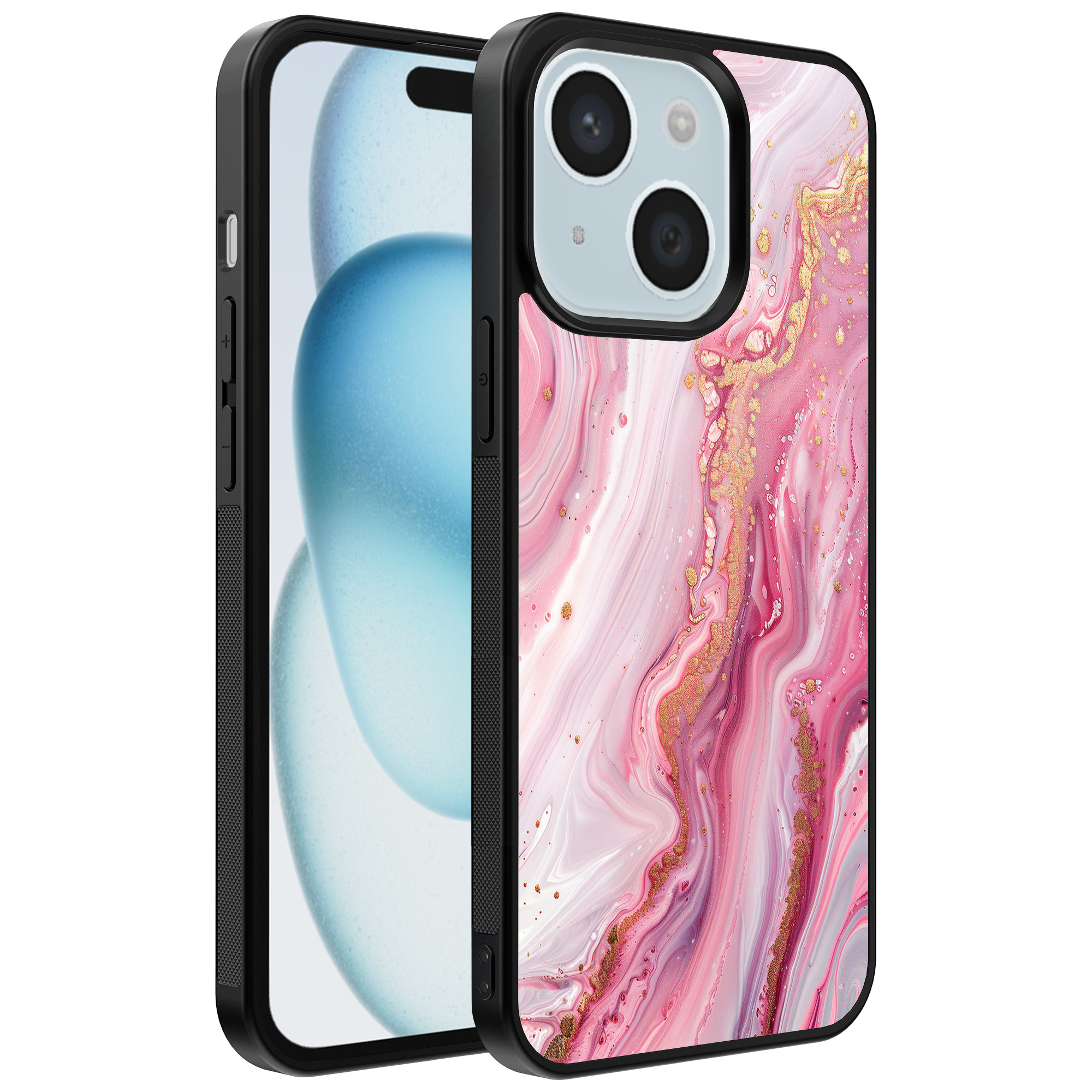 iPhone 15 Plus telefoonhoesje met roze marmer opdruk (1)