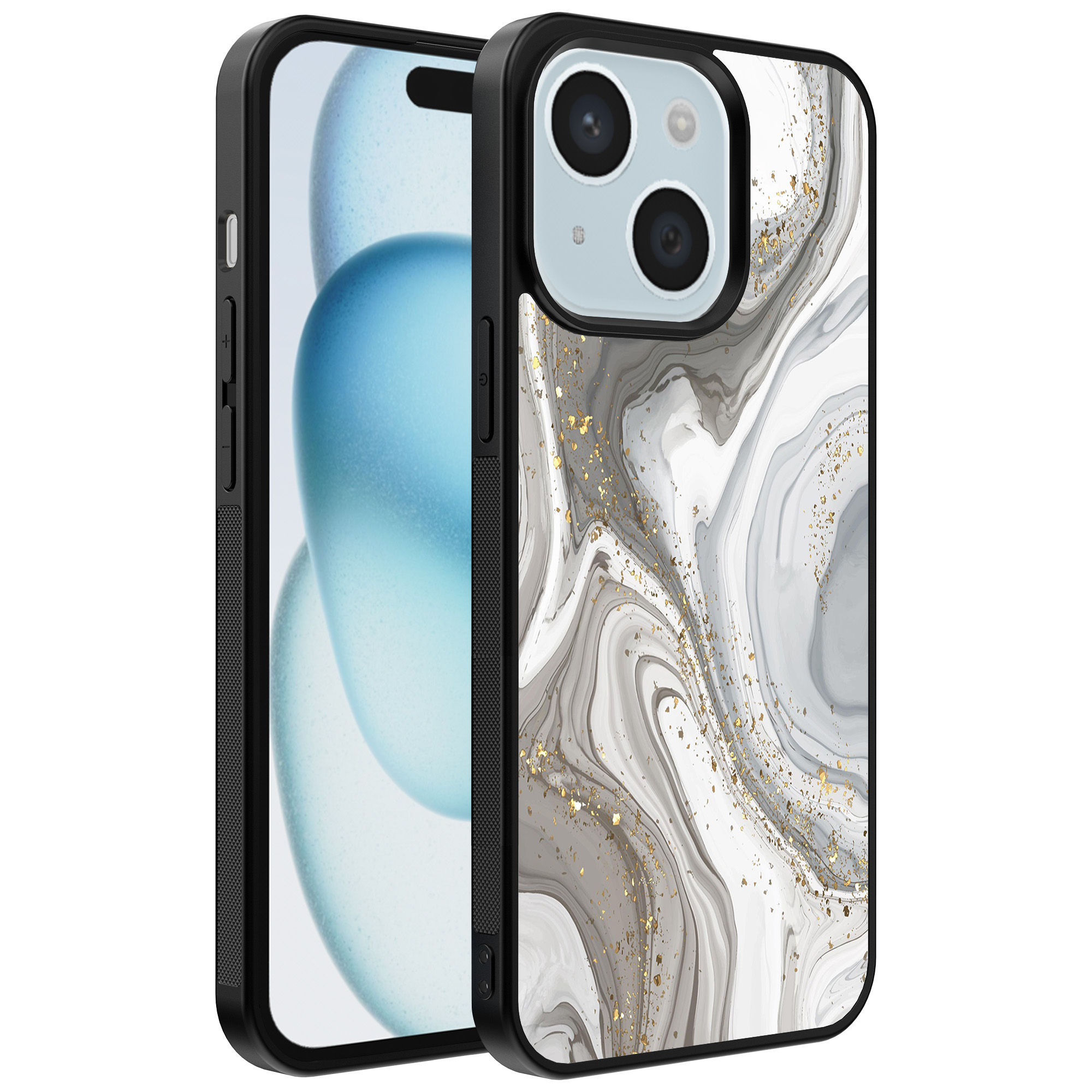 iPhone 15 Plus telefoonhoesje met zilver marmer opdruk (1)