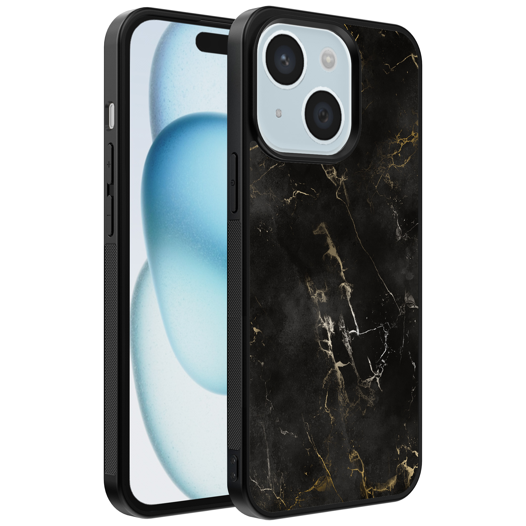 iPhone 15 Plus telefoonhoesje met zwart marmer opdruk (1)