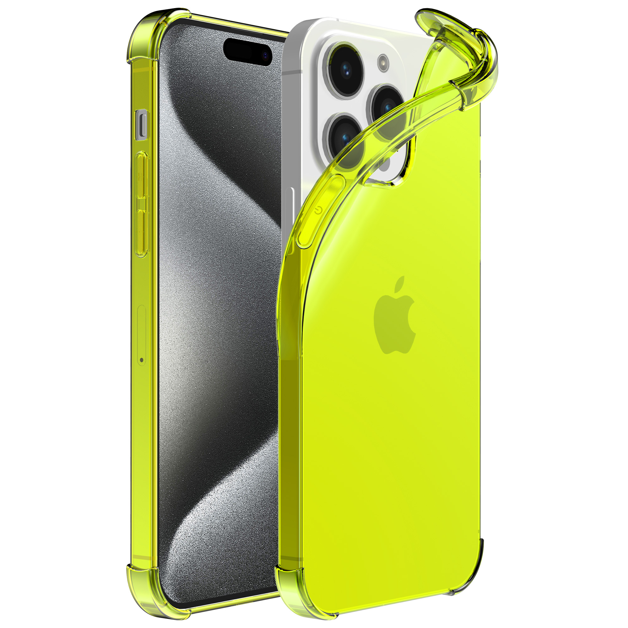 iPhone 15 Pro siliconen telefoonhoesje met stootrand transparant neon geel (1)