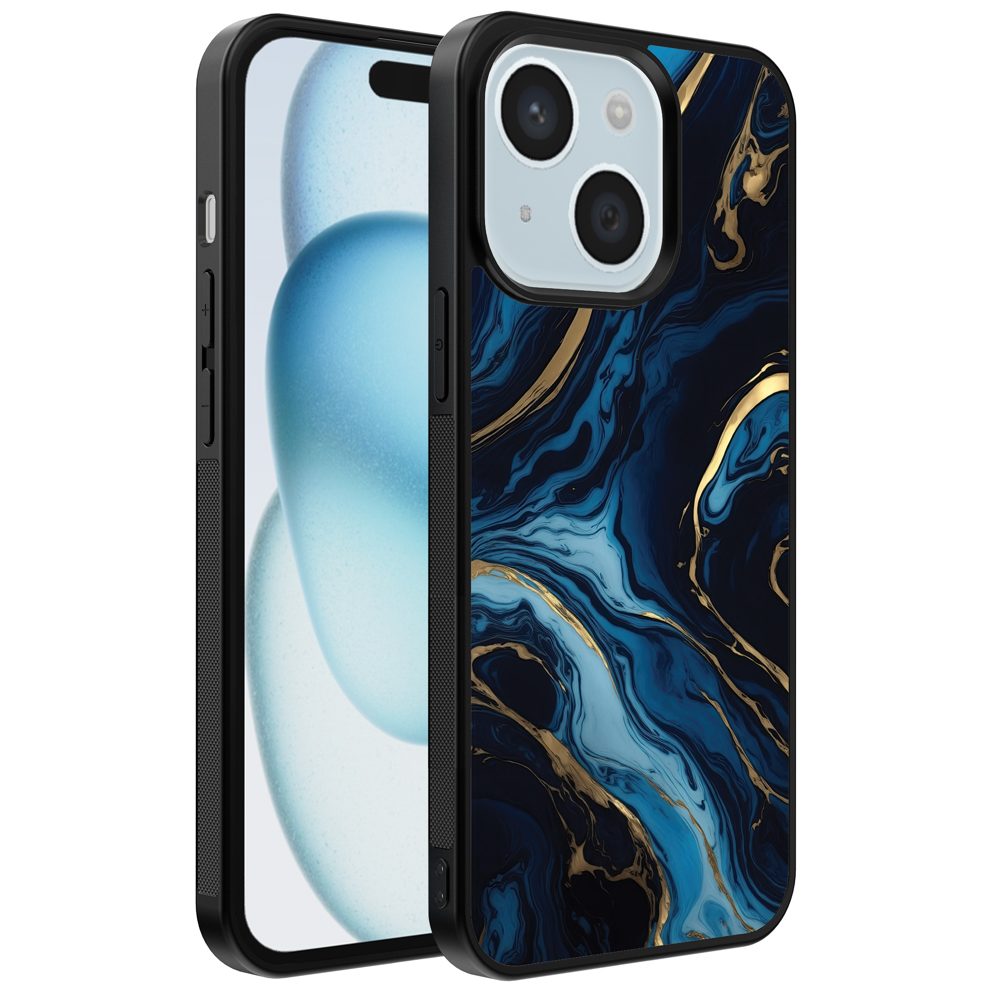 iPhone 15 Plus telefoonhoesje met blauw goud marmer opdruk (1)