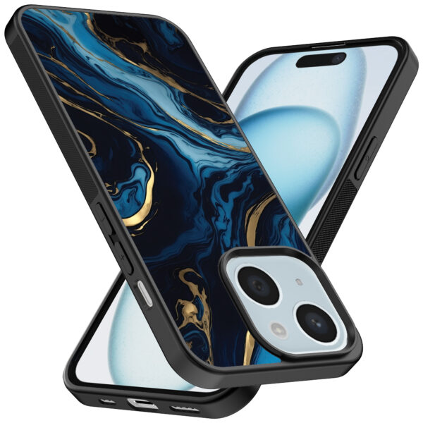 iPhone 15 telefoonhoesje met blauw goud marmer opdruk (2)