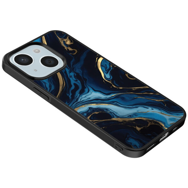 iPhone 15 telefoonhoesje met blauw goud marmer opdruk (5)