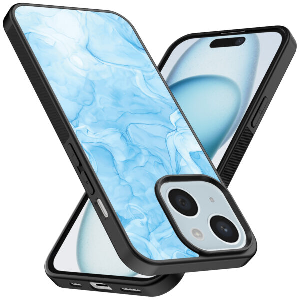 iPhone 15 telefoonhoesje met lichtblauw marmer opdruk (2)