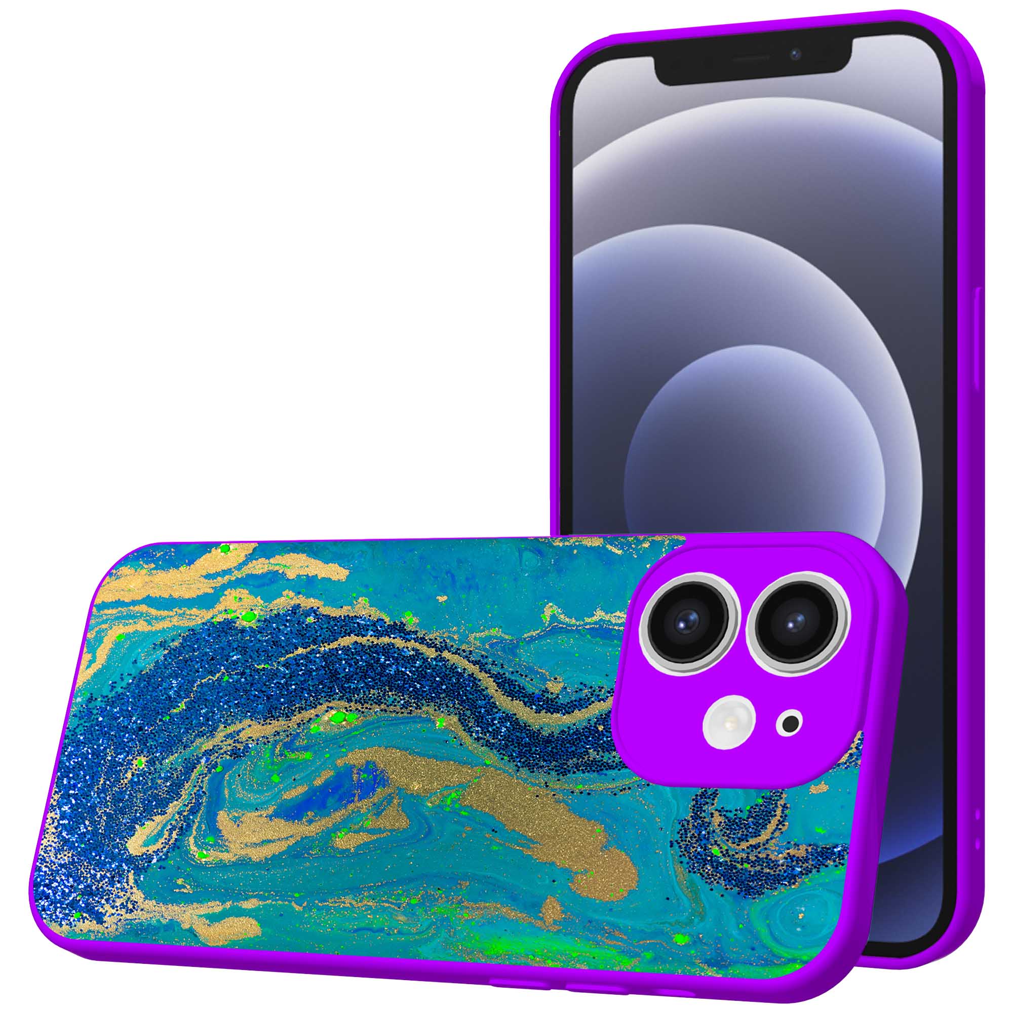 blauw groen goud marmer opdruk_iPhone 12 Telefoonhoesje met paars rand (1)