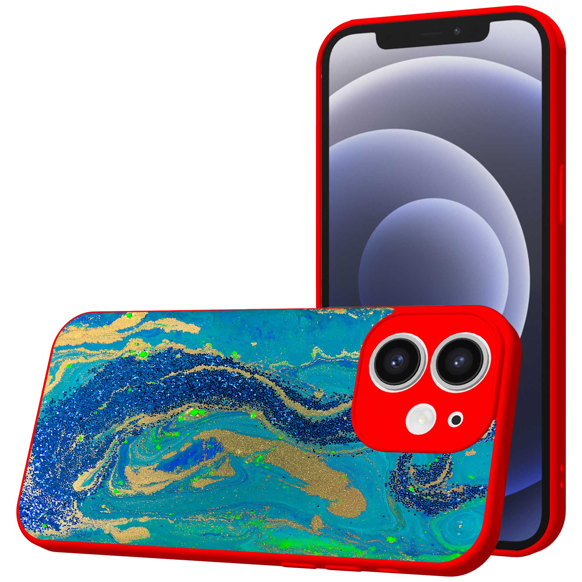 blauw groen goud marmer opdruk_iPhone 12 Telefoonhoesje met rode rand (1)