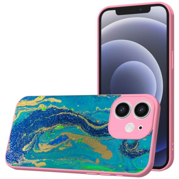 blauw groen goud marmer opdruk_iPhone 12 Telefoonhoesje met roze rand (1)