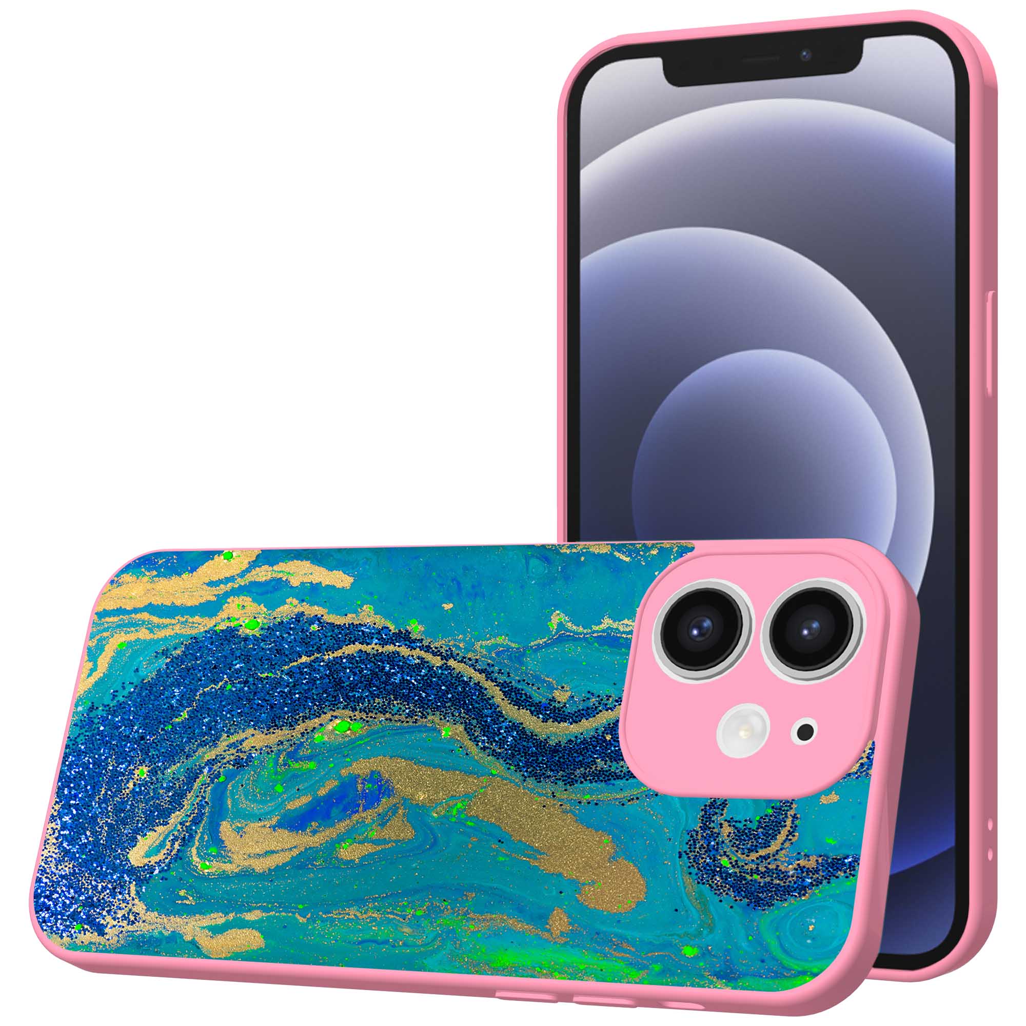 blauw groen goud marmer opdruk_iPhone 12 Telefoonhoesje met roze rand (1)