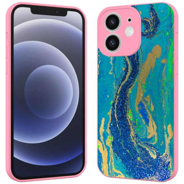 blauw groen goud marmer opdruk_iPhone 12 Telefoonhoesje met roze rand (2)