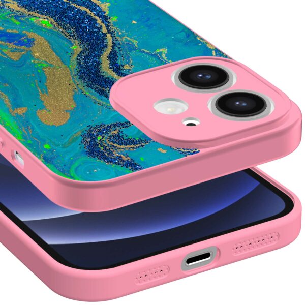 blauw groen goud marmer opdruk_iPhone 12 Telefoonhoesje met roze rand (3)