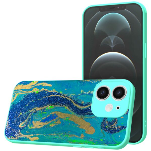 blauw groen goud marmer opdruk_iPhone 12 Telefoonhoesje met turquoise rand (1)