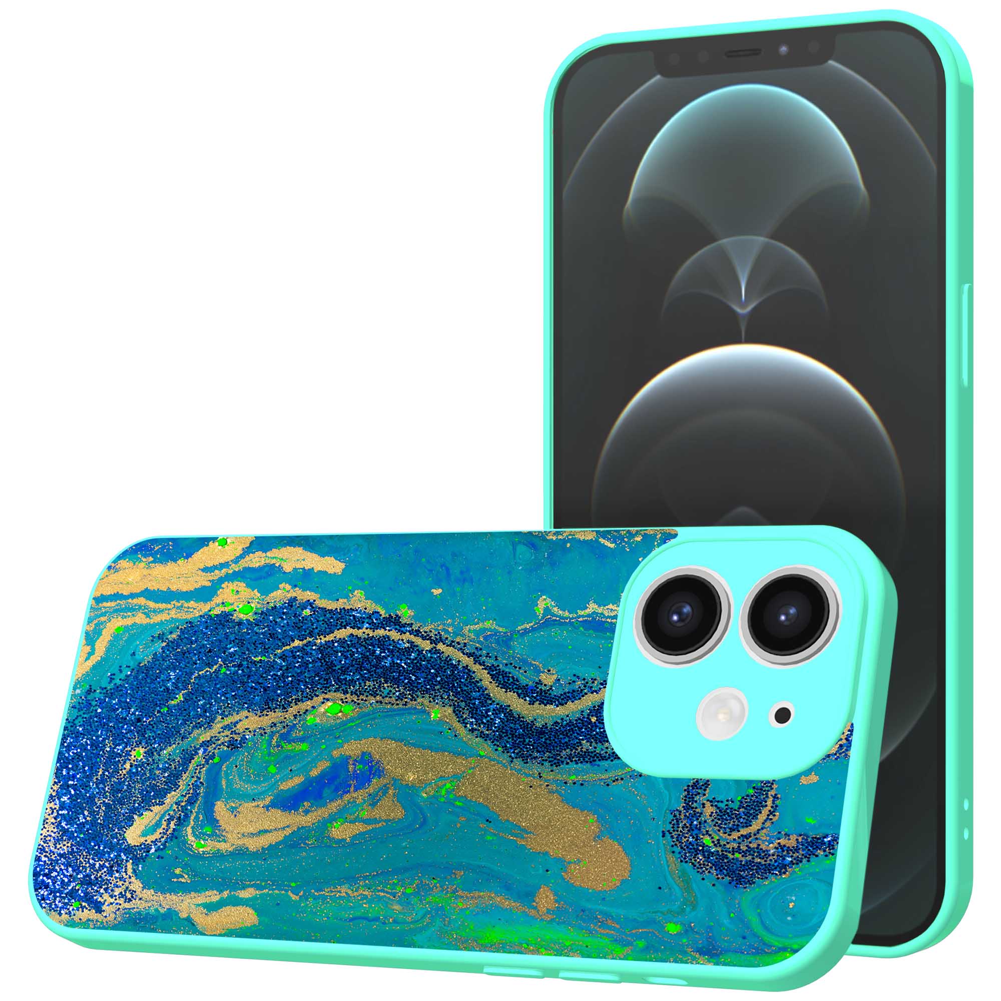 blauw groen goud marmer opdruk_iPhone 12 Telefoonhoesje met turquoise rand (1)