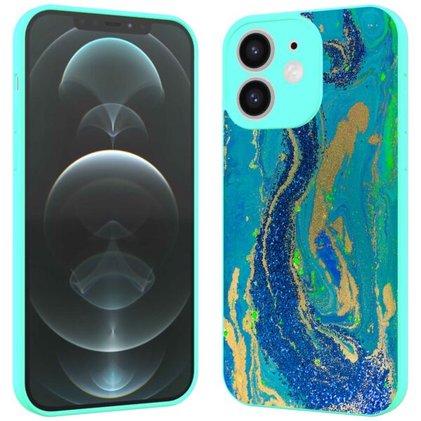 blauw groen goud marmer opdruk_iPhone 12 Telefoonhoesje met turquoise rand (2)