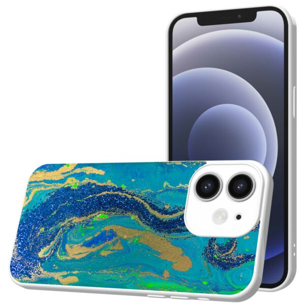 blauw groen goud marmer opdruk_iPhone 12 Telefoonhoesje met witte rand (1)