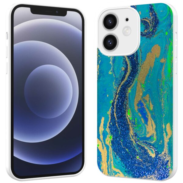 blauw groen goud marmer opdruk_iPhone 12 Telefoonhoesje met witte rand (2)