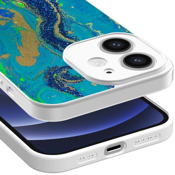 blauw groen goud marmer opdruk_iPhone 12 Telefoonhoesje met witte rand (3)