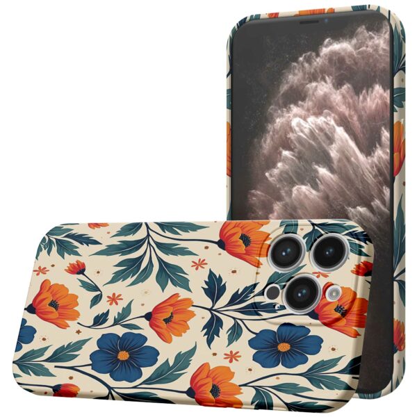 blauwe en oranje bloemen opdruk_iPhone 11 Pro Max telefoonhoesje met volledige rondom bedrukking (1)
