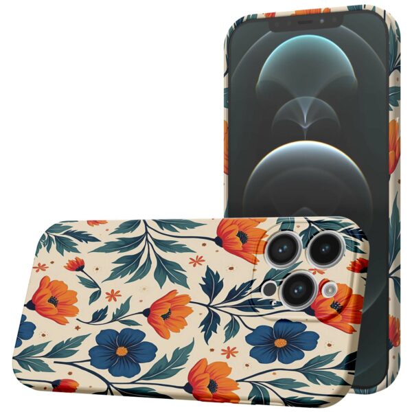 blauwe en oranje bloemen opdruk_iPhone 12 Pro Max telefoonhoesje met volledige rondom bedrukking (1)
