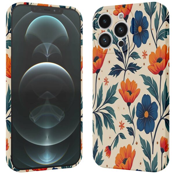 blauwe en oranje bloemen opdruk_iPhone 12 Pro Max telefoonhoesje met volledige rondom bedrukking (3)